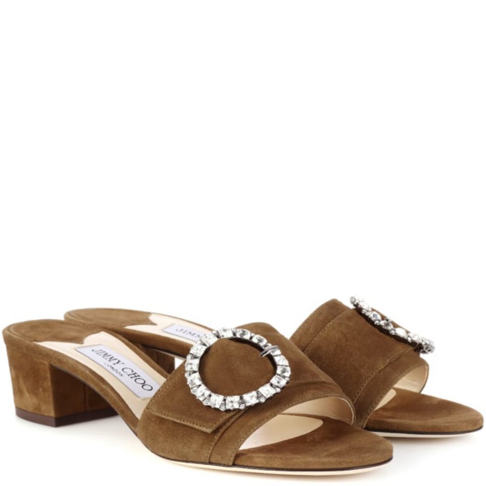 Jimmy Choo $700 Granger 35 Embellished Suede Sandals Green Brown 40
